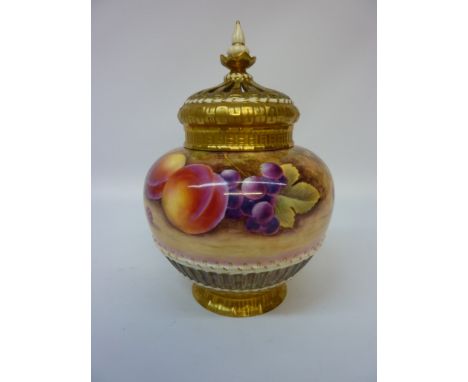 Royal Worcester pot pourri jar and cover painted with fruit by James Skerrett H20cm  Condition Report Tiny chip to rim of inn