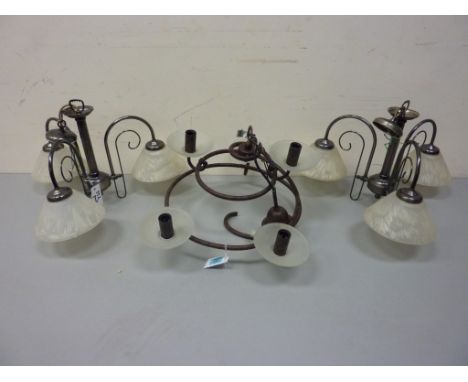 Pair three branch centre light fittings and a five light fitting