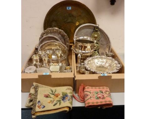 Silver-plated champagne bucket, set of six goblets, trays and other silver plated items, Eastern brass tray, horse brasses an