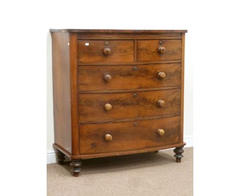 Victorian mahogany bow front chest fitted with two short and three long drawers, W114cm, H122cm, D55cm