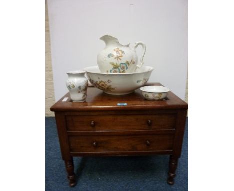 Victorian mahogany work box with hinged panel top H45cm, contents of fabric and a four piece toilet set Condition Report Box 