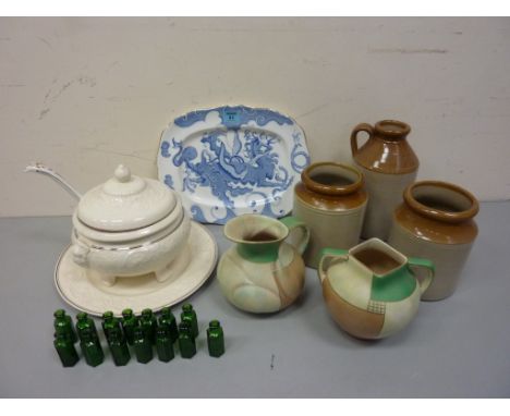 Royal Worcester blue and white meat plate, Wedgwood 'Athenian' tureen with cover and matching plate, Crown Devon jug and vase