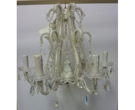 Cream six branch chandelier centre light fitting with cut glass drops