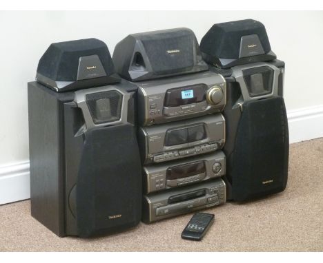 Technics HI-FI system comprising of - tuner amplifier, cassette deck, sound processor, CD changer and five speakers 