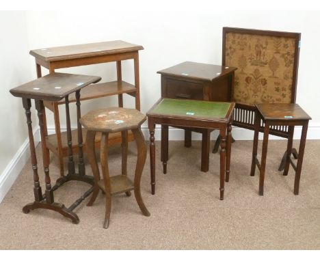 Oak bookcase, four occasional table, firescreen and a bedside cabinet