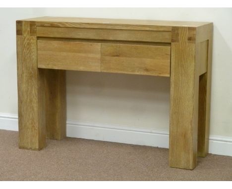 Solid light oak side table fitted with two drawers, W120cm