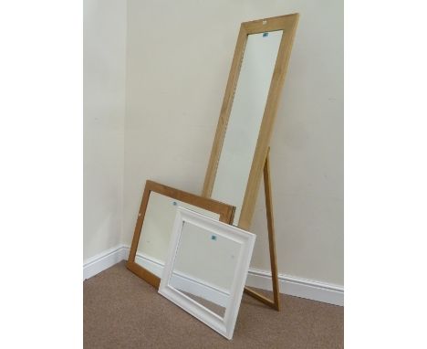 Light oak framed rectangular bevelled edge wall mirror (63cm x 88cm), light wood dressing mirror and a white wall mirror