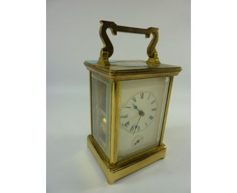 Mid 20th century French brass cased carriage clock with alarm striking the hour on single gong H18.5cm  
