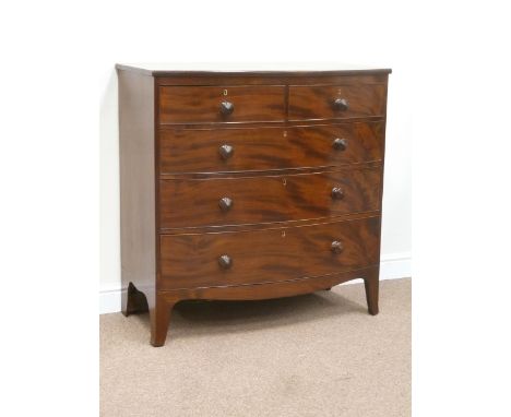 Early 19th century mahogany bow front chest fitted with two short and three long drawers, W103cm, H105cm, D52cm