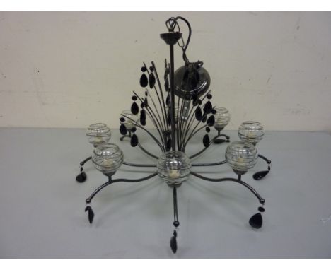 Three modern centre light fittings with black glass drops