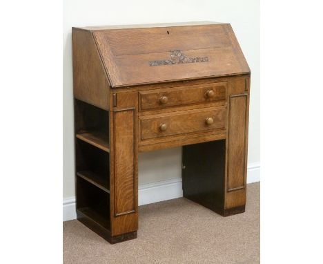 Early 20th century light oak bureau, fall front with open bookcase sides, W85cm x H102cm