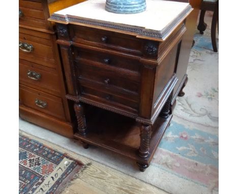 A marble topped mahogany pot cupboard, having single door over cupboard door with shelf under on turned supports (42cm wide).