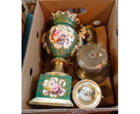 A large French pedestal vase, decorated with hand painted flowers on central reserves, twin handles, gilt decorated throughou