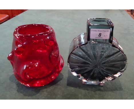 A Whitefriars Indigo Geoffrey Baxter designed Sunburst vase (15.5cm), together with a Whitefriars Ruby Knobbly squat vase (13