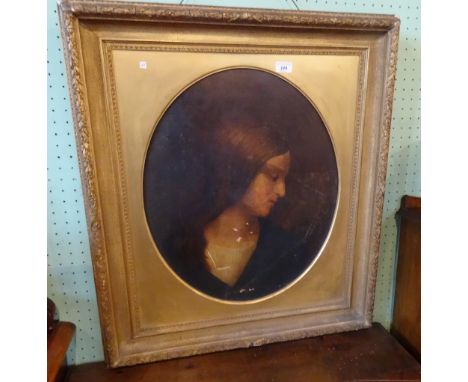 Head and shoulders portrait of a young lady in profile, oil on panel (59cm x 48cm), in a gilt frame. Condition Report: Surfac