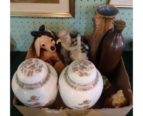 A pair of Wedgwood 'Kutani Crane' tall jars and covers, together with four Sylvac ceramic dogs and other items.