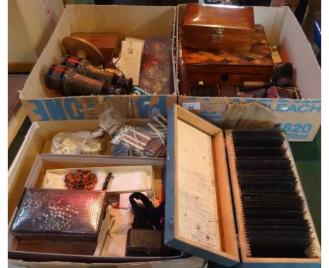 A collectors lot in four boxes, to include: an inlaid games box, tortoiseshell purse, vintage reading glasses, a papier mache