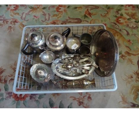 A quantity of silver plate, to include: teapots, sugar sifter and assorted flatware, together with a white metal trophy and o