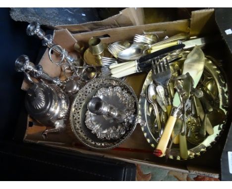 A box containing assorted metalware, to include: a circular brass match strike, pair of silver plated candlesticks, a silver 