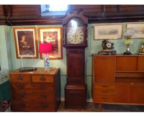 An oak cased eight day longcase clock, the painted dial having painted hunting scene and signed Wright, Birmingham, the broke