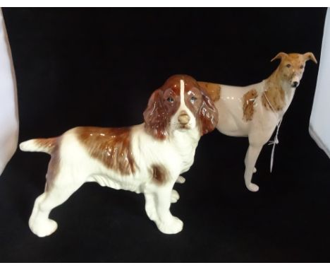 A Coopercraft ceramic model of a spaniel (19cm tall), together with a ceramic model of a greyhound, unmarked (20cm).