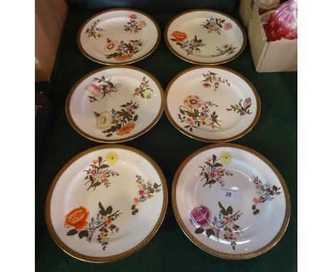 A set of six Royal Worcester Vitreous cabinet plates, each having hand painted floral decoration, with gilt finish on an ivor