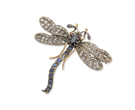 A sapphire and diamond dragonfly brooch, circa 1890The oval-cut sapphire thorax issuing a series of similarly and circular-cu