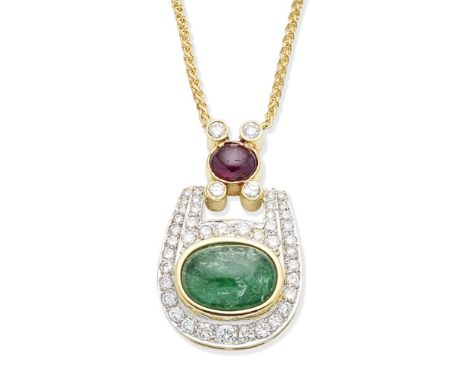 An emerald and diamond pendant necklaceThe oval emerald cabochon within a brilliant-cut diamond surround, the surmount set wi