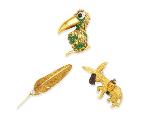 An enamel and gem-set toucan brooch, by Frascarolo, circa 1965, a gold, enamel and gem-set donkey brooch, by Ben Rosenfeld, 1