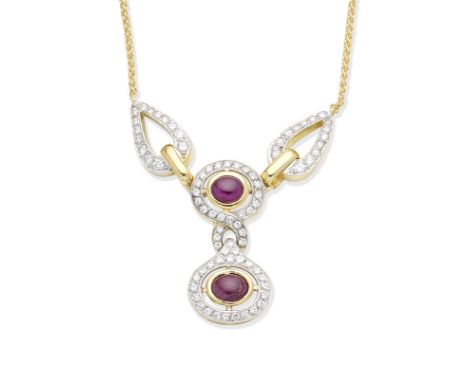 A ruby and diamond pendant necklaceDesigned as an oval cabochon ruby within an openwork surround of brilliant-cut diamonds, t