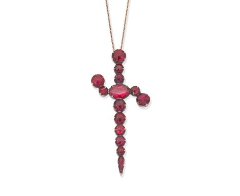 A garnet dagger pendent necklaceSet throughout with rose-cut garnets in foiled and closed-back settings, to a faceted cable-l