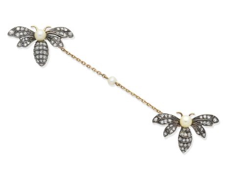 A diamond bee brooch, circa 1890Designed as two rose-cut diamond bees, each with a 5.5mm pearl thorax, connected by a cable-l