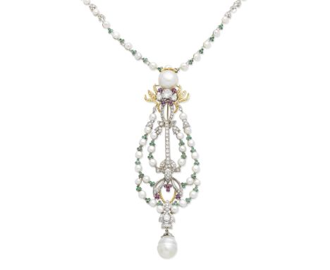 A cultured pearl, diamond and gem-set necklace and brooch/pendantThe 4.0mm-5.0mm cultured pearl necklace accented by trios of