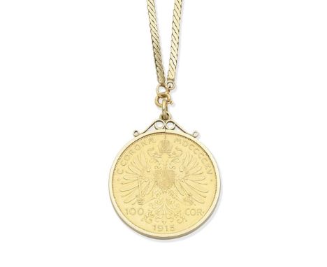 An Austro-Hungarian coin pendant, and unassociated longchainSet with an 100 corona coin, circa 1915, impressed with the profi