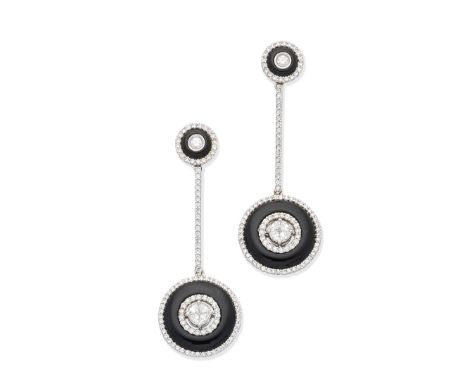 A pair of onyx and diamond pendent earrings, by VivaEach cluster of shield-shaped and brilliant-cut diamonds, within an onyx 