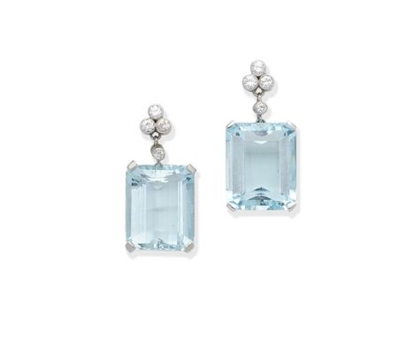 A pair of aquamarine and diamond earringsEach step-cut aquamarine suspended from a cluster of brilliant-cut diamonds, mounted