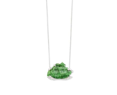 A mid-20th century jade and diamond pendant necklaceThe carved jade 'house boat' accented by single-cut diamonds, to a later 