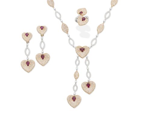 A ruby and diamond pendant necklace, ring and earring suite, by AvakianDesigned as a pavé-set brilliant-cut diamond heart wit