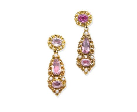 A pair of gold cannetille pink topaz earrings, circa 1830Each set with oval-cut and pear-shaped topaz in foiled closed-back s