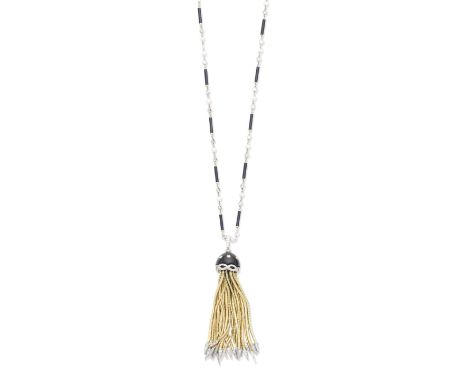 A seed pearl, enamel and diamond sautoirDesigned as a series of black enamel batons alternating with collet-set brilliant-cut