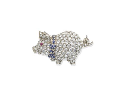 A gem-set novelty brooch/pendantRealistically modelled as a rose-cut diamond pig with a circular-cut sapphire bow around its 