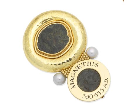 A Roman coin and cultured pearl brooch, by Elizabeth Gage, 1994Set with two Roman coins impressed with the profile of Flavius