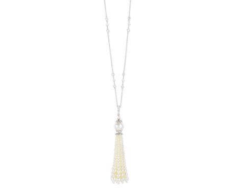 A cultured pearl and diamond sautoirThe graduated 3.0mm-5.5mm cultured pearl tassel, suspended from an 11.5mm cultured pearl 