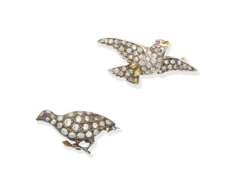 Two diamond bird brooches, circa 18901st: Designed as a bird in flight, the body, wings and tail set with rose-cut diamonds, 