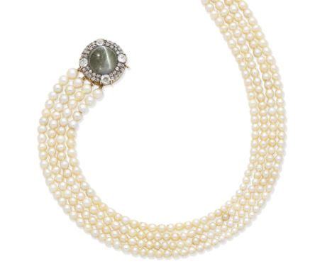 A natural and cultured pearl necklace with cat's-eye chrysoberyl and diamond claspThe four strands of 4.10mm-6.0mm natural an