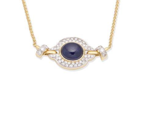 A sapphire and diamond necklaceThe oval cabochon sapphire, within a pavé-set brilliant-cut diamond surround, with similarly-c