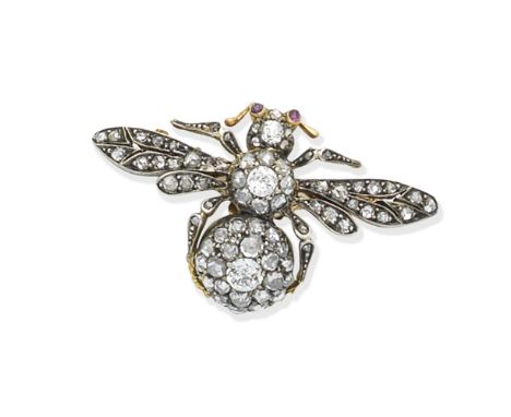 A ruby and diamond bee brooch, circa 1890Set throughout with old brilliant and rose-cut diamonds, with circular ruby cabochon