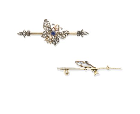 A gem-set butterfly brooch, circa 1895, and an early 20th century enamel and pearl novelty bar brooch, by Alabaster &amp; Wil