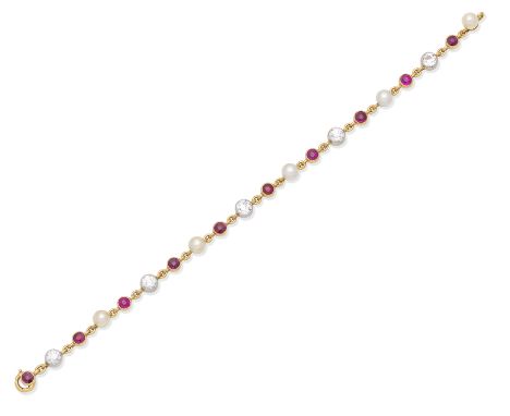 An early 20th century pearl, ruby and diamond bracelet, FrenchDesigned as a series of 5.0mm pearl, circular-cut ruby or old b