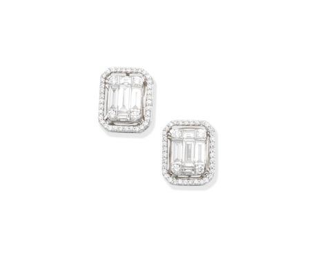 A pair of diamond cluster earringsEach rectangular cluster of baguette and brilliant-cut diamonds within a similarly-cut diam